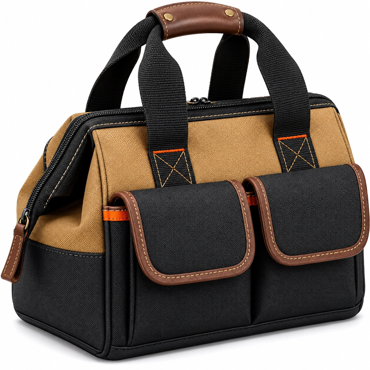 Robuste Werkzeugtasche Schwarz/Braun mit Lederakzenten
