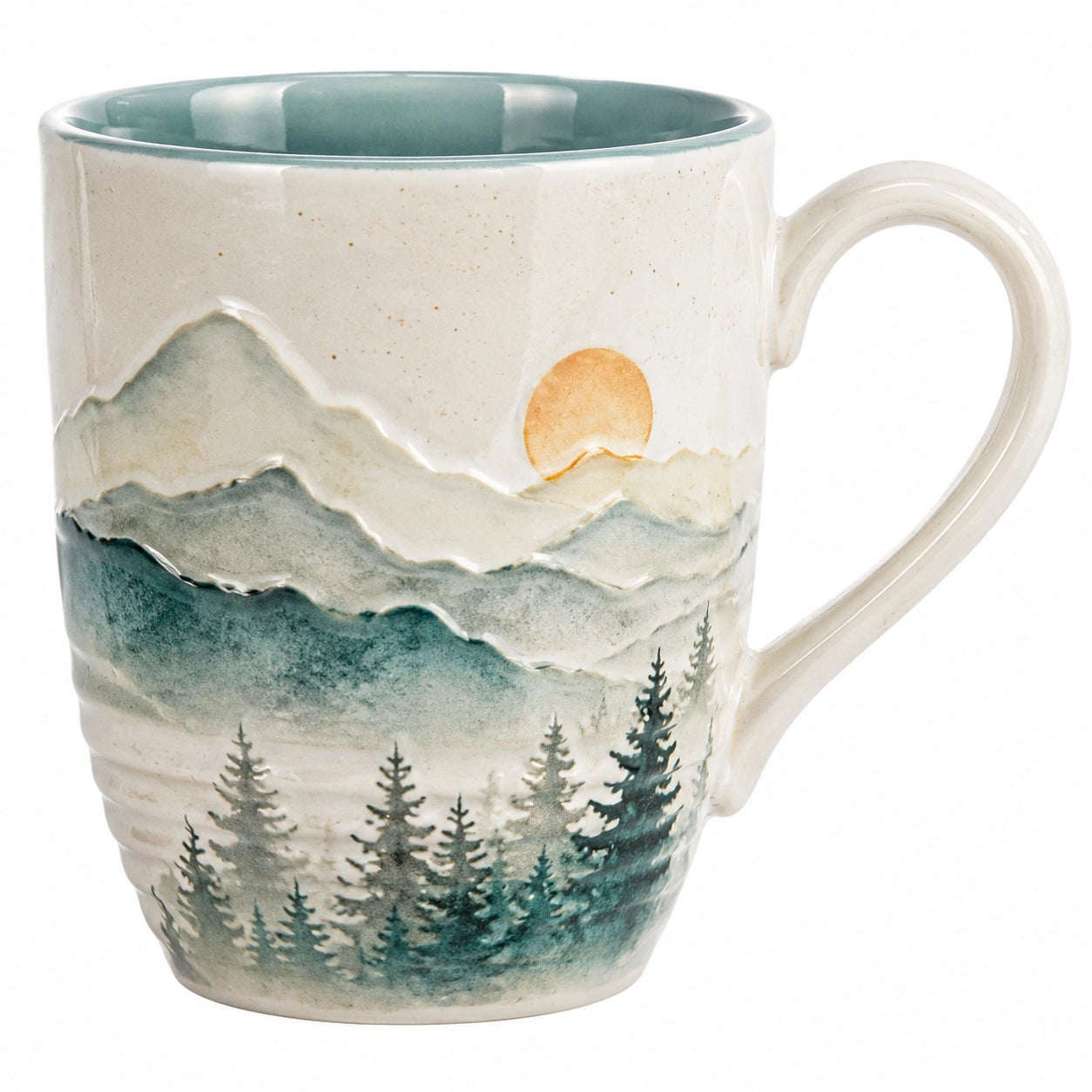 Keramikbecher mit Landschaftsmotiv 350ml, Weiß/Grün