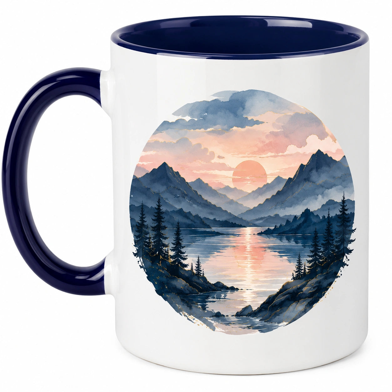 Keramiktasse mit Landschaftsmotiv, Weiß/Blau, 350ml