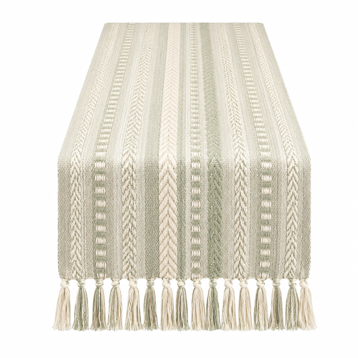 Tischläufer Grün/Beige mit Streifenmuster und Quasten