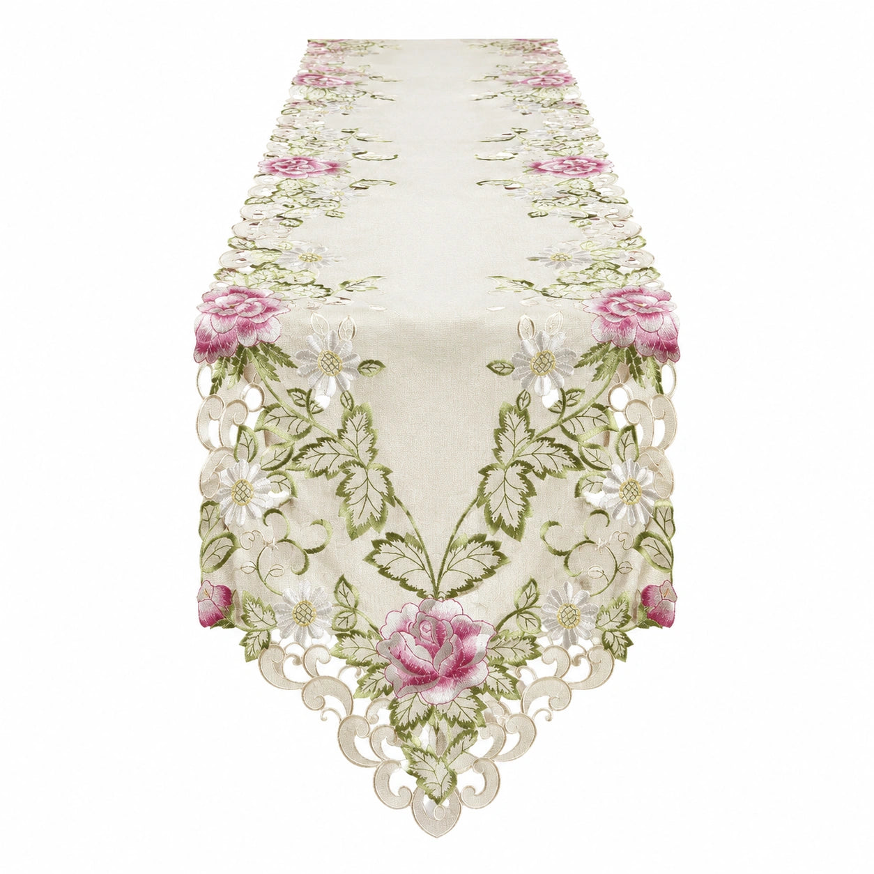 Bestickter Tischläufer mit Blumenmuster 180x40 cm Creme/Pink/Grün